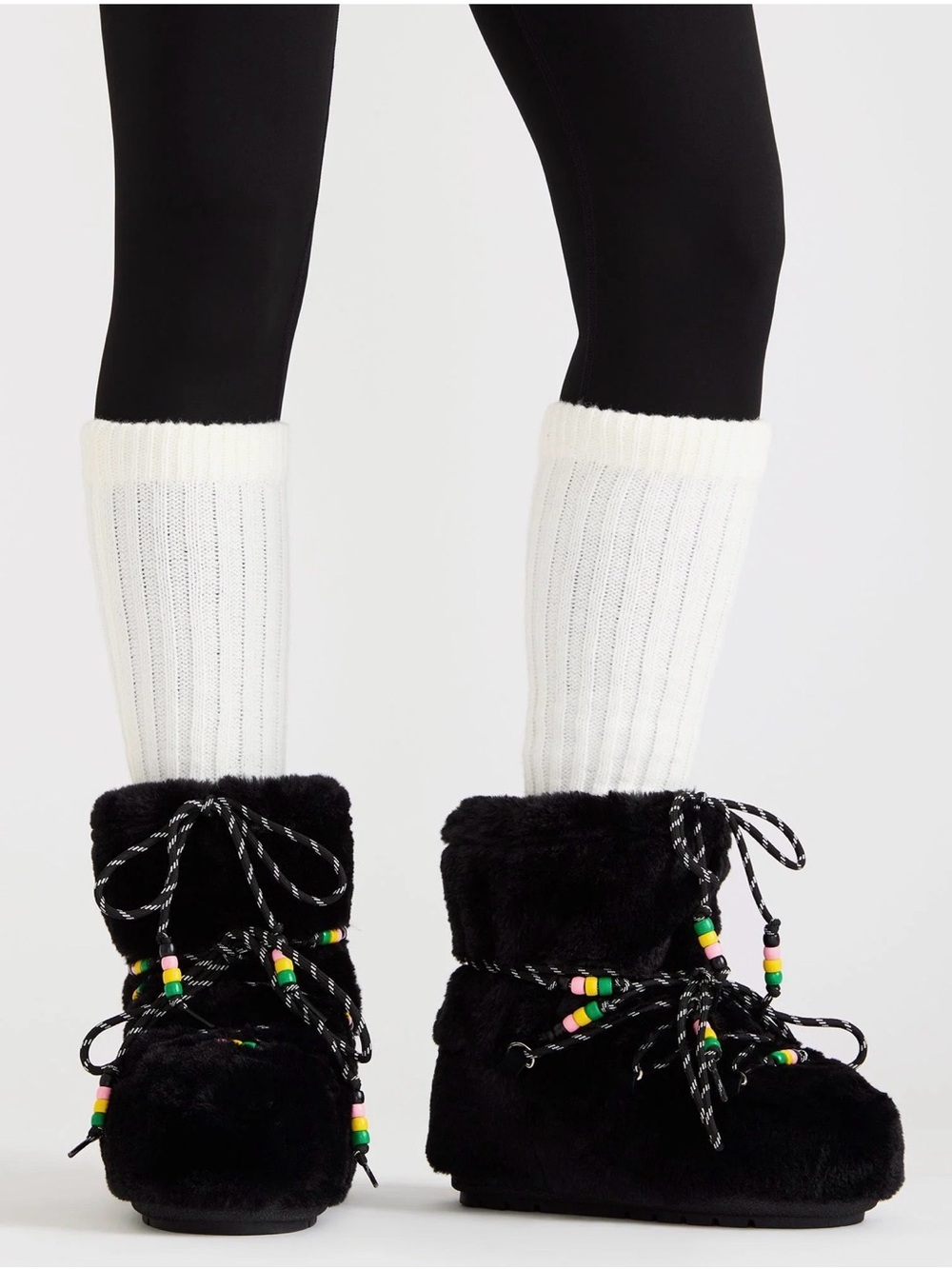 Steve Madden Black Faux-Fur Slipper Boots with Multicolor Beaded Laces